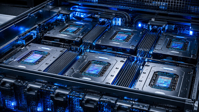 Server Rack Illumination: An interior view of a server rack showcasing multiple processors glowing with a vibrant blue light, symbolizing advanced computing power and data processing.