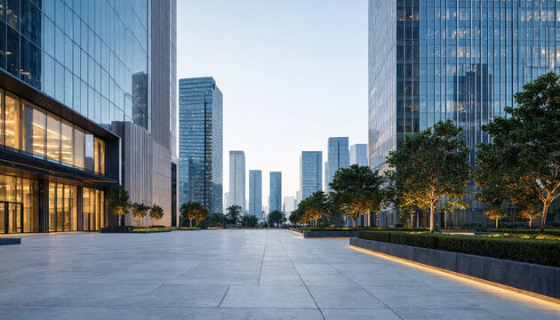 Modern glass office building architecture exterior with empty stone paved plaza and landscaped trees in business district architecture building business skylines exterior skyscraper
