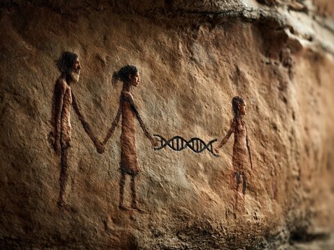 Cave painting showing human evolution and DNA link