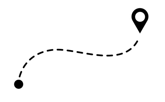 Animated dashed route line leading to map pin location on dark background. White navigation path with arrow and destination marker. Minimal travel and map concept.