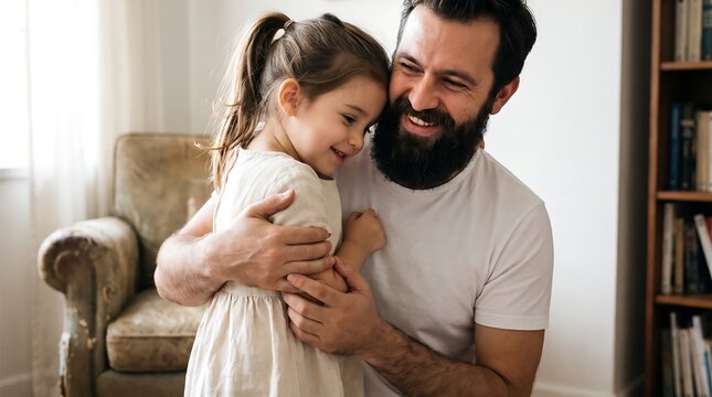 Happy father hugging daughter at home, smiling bearded man embracing young girl, loving family moment in bright living room, fatherhood and childhood bond