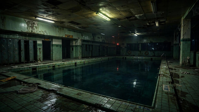 Swimming Pool With Dark Water And Flickering Fluorescent Lights At Night