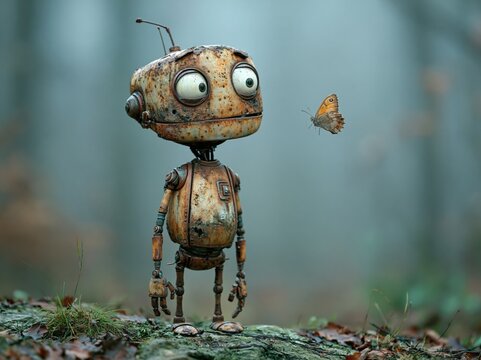 Rusty robot observes a flying butterfly in nature