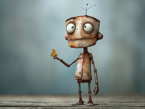 Curious vintage robot interacting with a butterfly