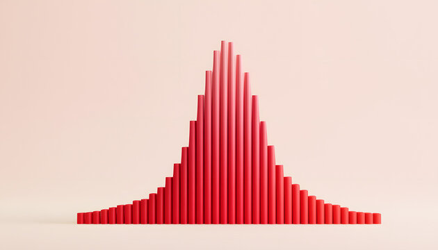 A 3D visualization of a bell curve to depict normal distribution. Red gradient stripes highlight variations in statistical data. Ideal for presentations in science, mathematics, and analytics.