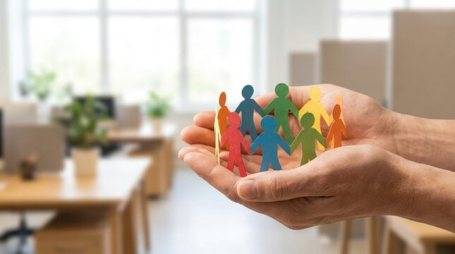 Hands holding colorful paper people. Concept of teamwork and social unity in business.