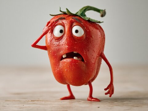 Cartoon red bell pepper looking worried and surprised
