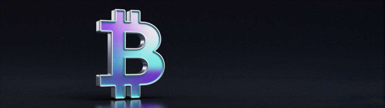 3D Bitcoin symbol with purple blue gradient glow and copy space