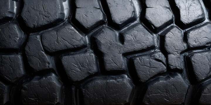 A meticulous view of a large truck tire tread, showcasing deep, rugged grooves and robust rubber patterns.