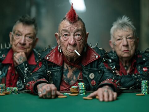 Elderly punks playing cards with chips and cookies