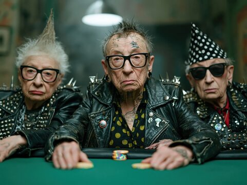 Elderly punk rockers playing poker with serious expressions