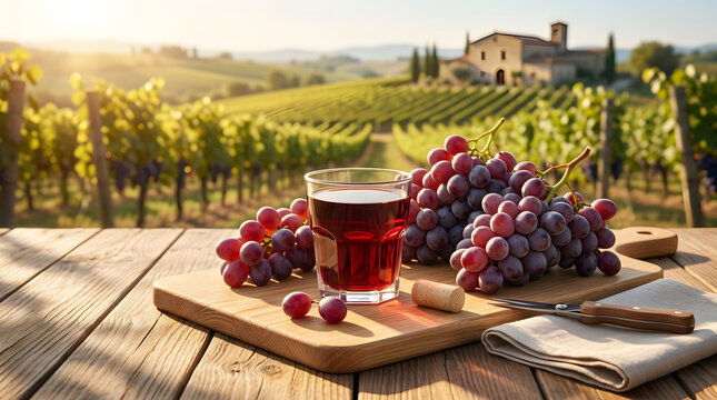 Red Wine Glass with Grapes on Wooden Board Overlooking Sunny Vineyard Landscape