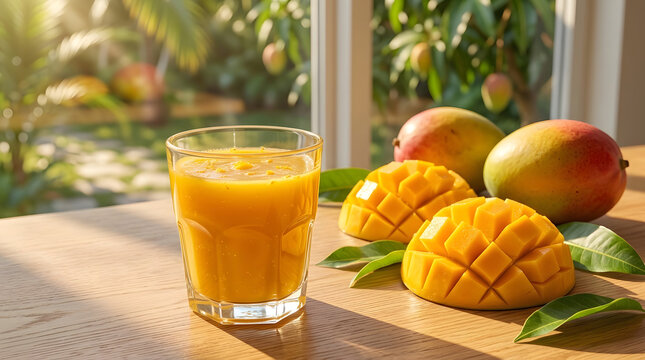 Fresh Mango Juice Glass with Sliced Mangoes on Wooden Table by Sunny Window