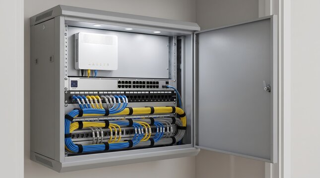 Organized network cabinet with routers, switches, and cables, illustrating modern data infrastructure and connectivity