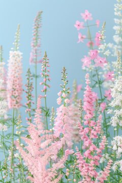 Delicate pink and white wildflowers in soft focus against a light blue background, creating a fresh, gentle floral scene with plenty of copy space.
