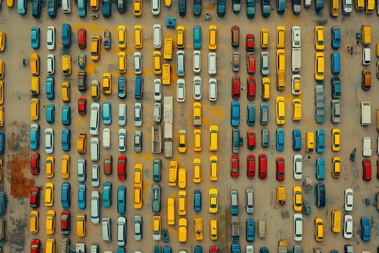 Top view of a large parking lot filled with many colorful cars parked in neat rows