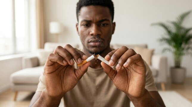 Man quitting smoking by breaking cigarette in half. Determined male demonstrating willpower to stop tobacco addiction.