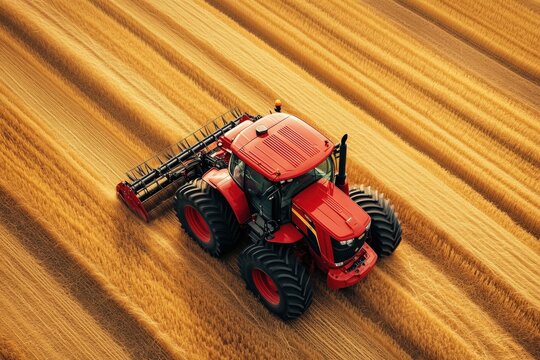 A red combine harvester works in a golden wheat field seen from above, showing an agricultural machine cutting grain during harvest season