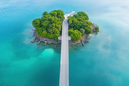 Aerial view of a narrow road bridge leading to a small tropical island surrounded by clear turquoise water