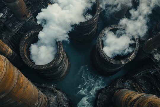 Aerial view of large industrial tanks and smokestacks releasing white steam over dark water