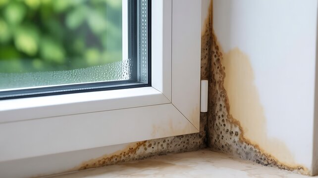 Severe black mold growth on a white window frame caused by humidity and water condensation in a residential home interior environment view