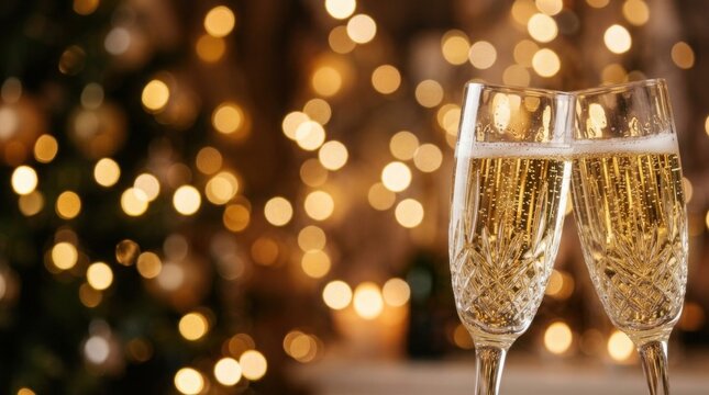 Crystal champagne flutes clinking together against a softly glowing golden holiday bokeh background