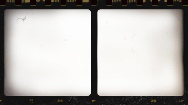 Split screen 35mm film frame overlay with retro dust and scratches. Dual side-by-side mattes, authentic sprocket holes, retro, and film grain.