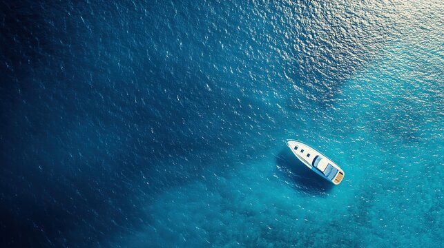 Aerial view of a small boat floating on clear blue ocean water with open space and gentle ripples.