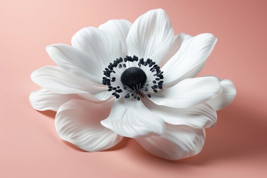 A delicate white flower with a black center on a soft pink background, shown in close up with gentle shadows.