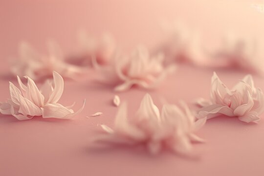 Soft pink flower petals on a pastel background, creating a dreamy romantic spring composition with gentle blur and delicate texture