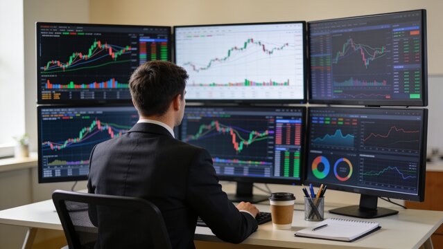 Professional day trader analyzing stock performance with advanced trading software on several computer screens.