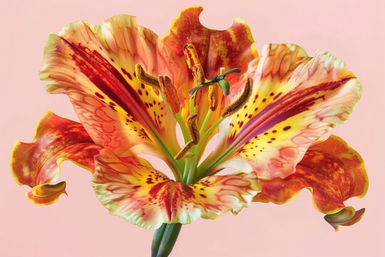 Colorful lily flower with red, yellow and orange petals on a soft pink background, shown close up with a fresh, elegant look.