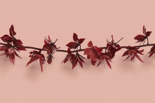 Dark red flowers on a thin branch against a soft pink background, with a clean minimalist look and plenty of copy space