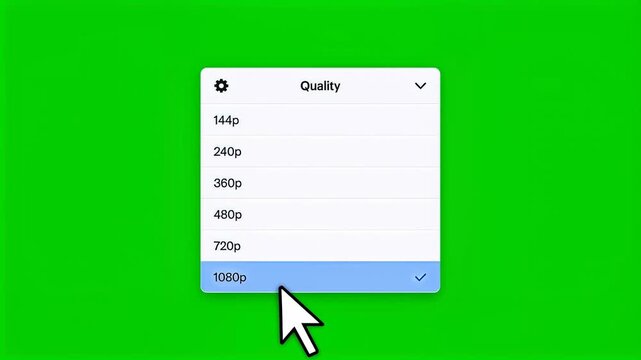 Computer mouse cursor selecting video quality settings menu on green screen HD video for video editing