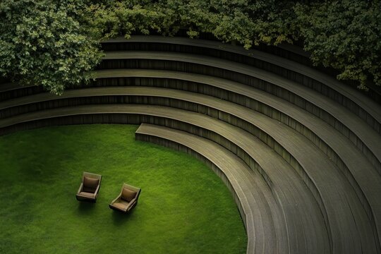 Overhead view of a curved wooden amphitheater with a green lawn and two chairs in the center, surrounded by trees