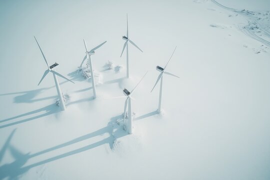 Wind turbines standing in a snowy landscape, seen from above with long shadows, showing clean energy and a calm winter scene