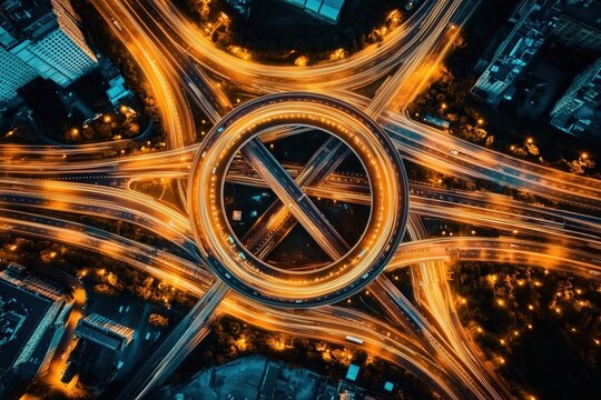 Aerial night view of a glowing highway interchange with light trails and a circular overpass in a busy city