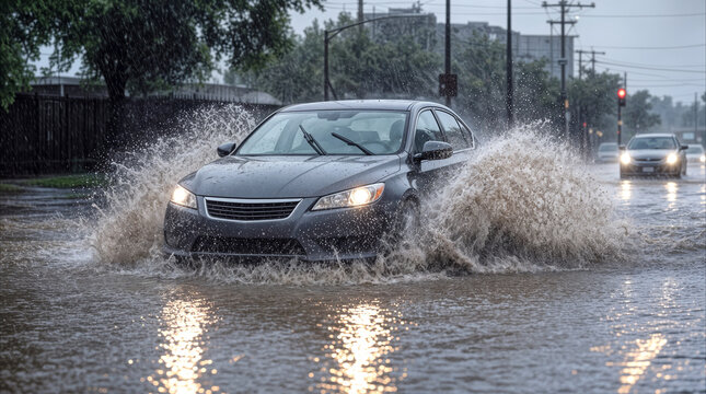 Sedan splashing through deep water on flooded urban street during heavy rainstorm. Dangerous driving conditions and hydroplaning risk on city road during extreme weather event.