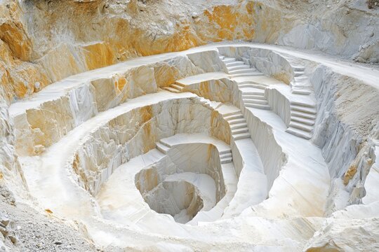 White marble quarry with carved spiral terraces and stepped paths, showing layered stone textures and a dramatic abstract landscape