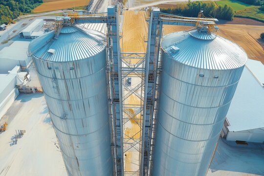 Aerial view of large metal grain silos and conveyor tower at a farm storage facility in the countryside.