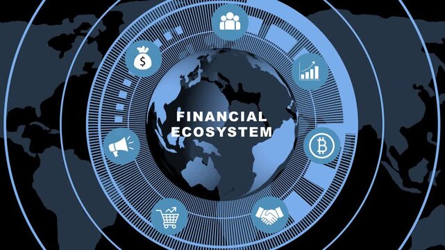 Global financial ecosystem motion background, featuring animated digital, earth globe, cryptocurrency, business growth charts, and corporate networking, symbols for modern, fintech presentations