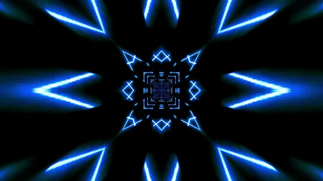 Futuristic blue neon kaleidoscope background, abstract glowing geometric tunnel loop, digital sci-fi light patterns for music visuals