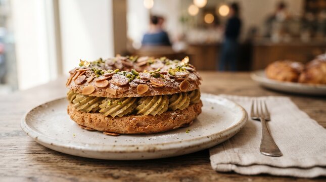 Paris-Brest filled with pistachio praline cream and toasted almonds.