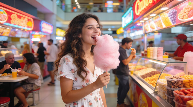 Smiling young woman eating pink cotton candy at busy indoor food court. Happy female tourist enjoying sweet treat at vibrant night market or shopping mall.