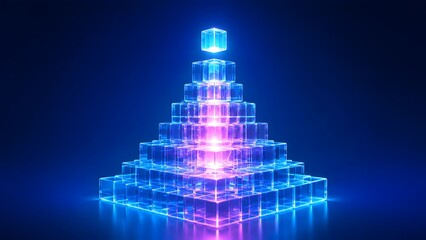 Fototapeta premium A futuristic digital pyramid structure built from glowing translucent cubes, symbolizing technological growth, data organization, and hierarchical business progression towards innovation and success.