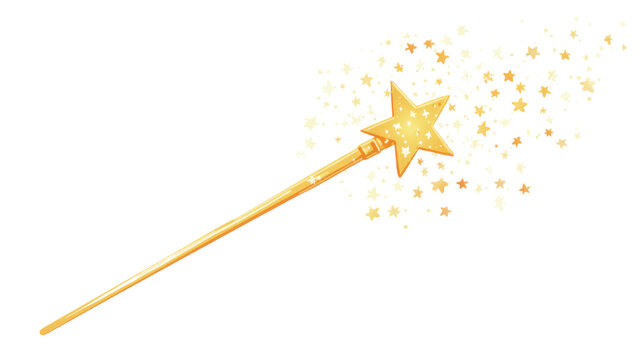 Golden magic wand with sparkling star tip and trailing glitter stars in whimsical illustration style on White background