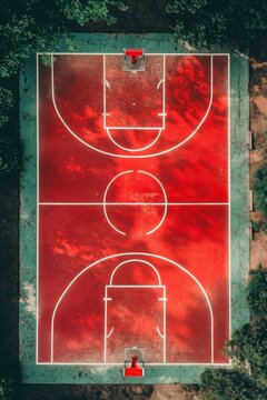 Aerial view of a red outdoor basketball court surrounded by trees