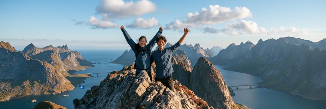 Two friends cheering on rocky peak with fjord and mountain panorama for travel poster and adventure background