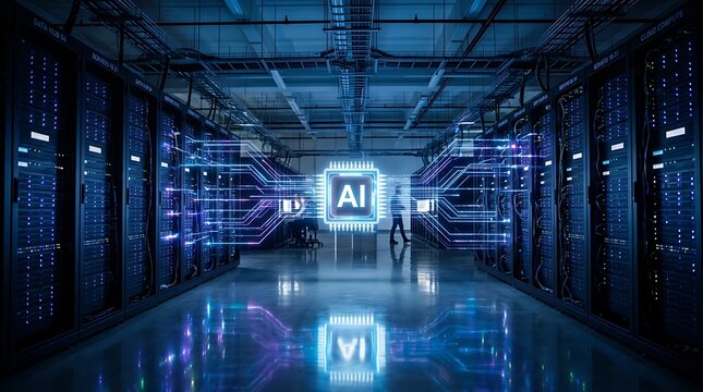 Artificial intelligence concept in a modern data center with server racks and a glowing ai chip processor icon connected by digital circuit lines