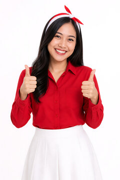 Joyful young Indonesian woman in a vibrant red shirt and white skirt, happily giving two thumbs up with a big smile in a professional studio setting